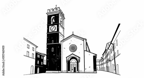 A stark ink sketch of a town square with a tall clock tower and church