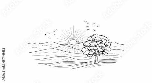 A stark, linework drawing depicts a sunrise over rolling hills with a lone tree