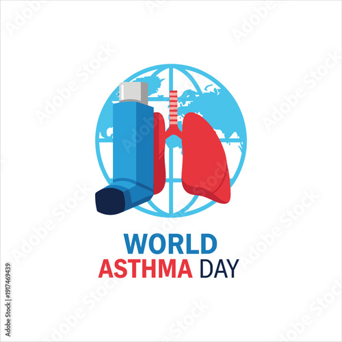 World asthma day illustration featuring lungs an inhaler and a globe promoting respiratory health awareness