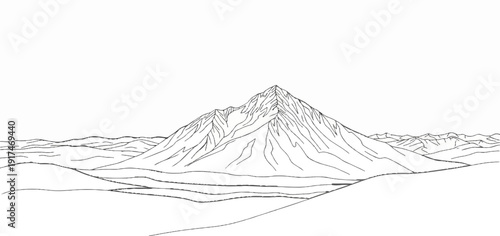 A stark, minimalist line drawing depicts a majestic mountain peak in the background, with rolling hills