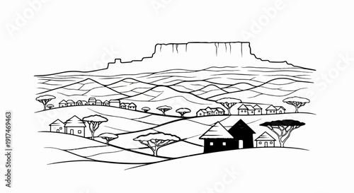 A stark, stylized depiction of an African village nestled against rolling hills and a flat-topped mountain