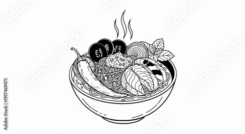 A steaming bowl of flavorful noodles adorned with fresh vegetables and herbs