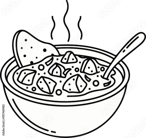 A steaming bowl of hearty stew with chunks of food and a chip