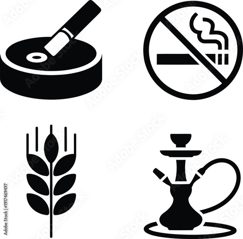 Set of four black and white icons featuring an ashtray, no smoking sign, wheat, and hookah Vector