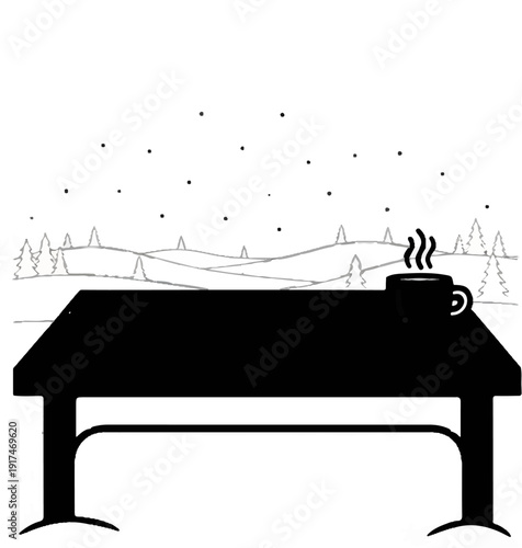 A steaming mug rests on a table overlooking a snowy landscape under a starry sky