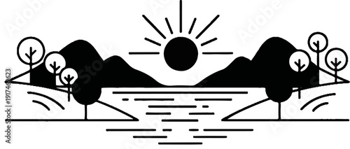 A stylized depiction of a sunrise over water with mountains and trees