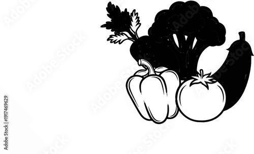 A still life arrangement of vegetables including bell pepper, tomato, broccoli, eggplant, and beet