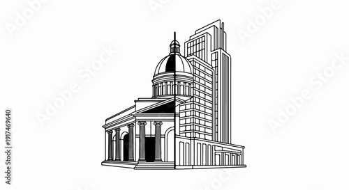 A stylized drawing merges classical and modern architecture, featuring columns and a dome with a skyscraper