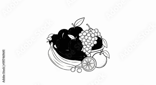 A still life drawing of assorted fresh fruits in a bowl with leaves