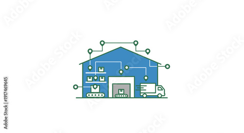 Large blue warehouse with delivery truck.