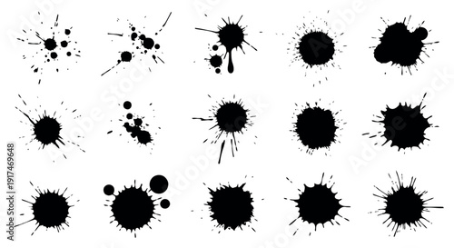 Black Ink Splatter Blots and Paint Splash Set Isolated on White Background