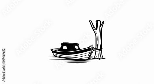 A stylized drawing of a boat moored to a tree trunk