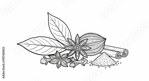 A still life drawing of assorted spices, including leaves, star anise, and cinnamon