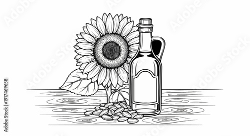 A still life illustration of a sunflower, a bottle, and seeds on a wooden surface