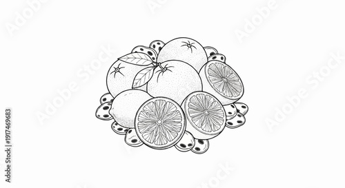 A still life drawing of citrus fruits, including oranges and lemons, with decorative elements