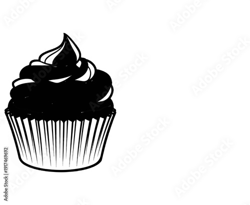 A stylized drawing of a cupcake with dark frosting and swirled white frosting on top