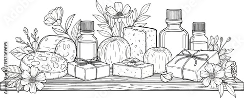 A still life illustration of bath products and floral elements on a shelf