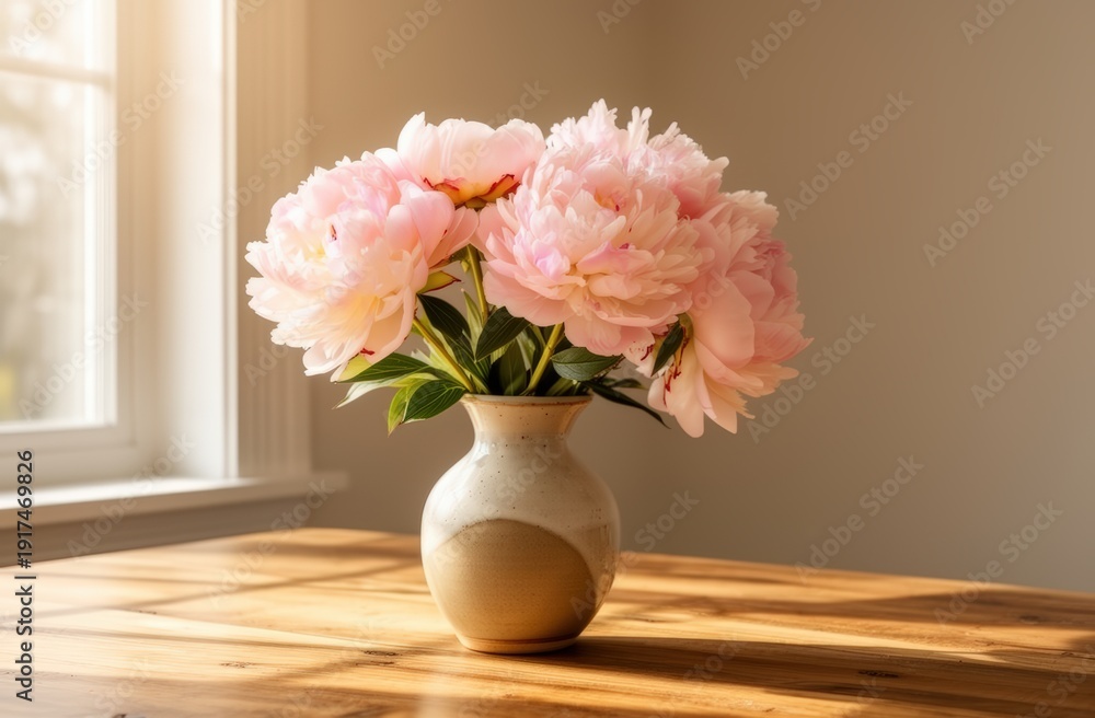 custom made wallpaper toronto digitalmother's day Pink peonies in ceramic vase by sunlit window on wooden table