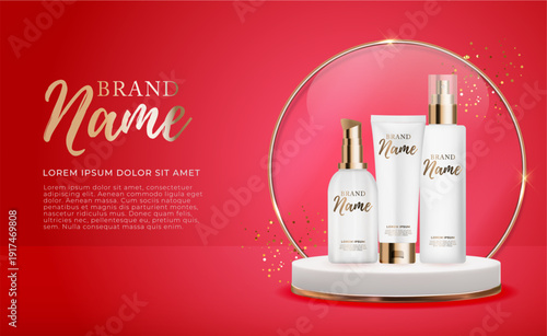3D Realistic Natural beauty cosmetic product for face or body care on glossy bokeh background. Design Template of Fashion Cosmetics Product for Ads, flyer or Magazine Background. Vector Illustration