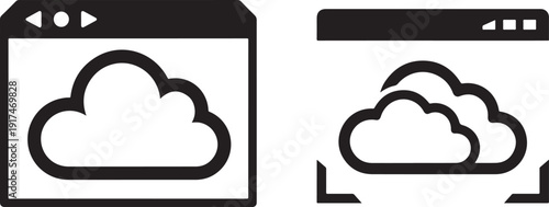 Two styles of cloud computing icons within browser windows, representing internet storage, remote data and web services