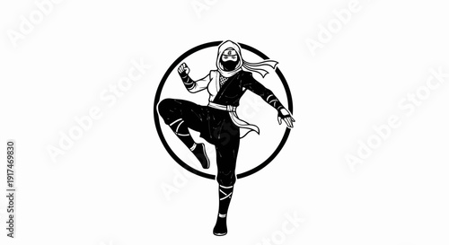A stylized female warrior in mid-kick pose within a circular emblem