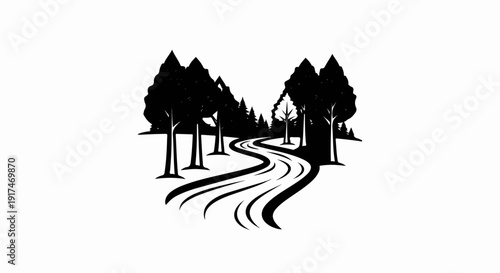 A winding road through a forest of trees, silhouetted in black
