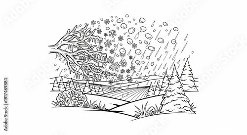 A winter landscape depicts snow, ice, and rain falling on trees and fields