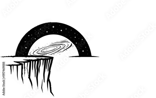 A stylized galaxy emerges from a starry arch over a jagged cliff edge