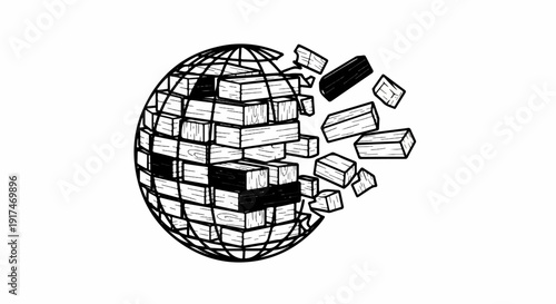 A wireframe globe constructed from wooden planks breaking apart