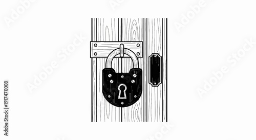 A vintage padlock securely fastened to a weathered wooden door