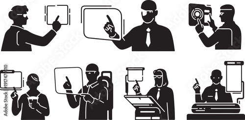Business People Silhouettes with Digital Devices and Presentations