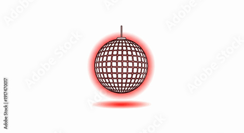 A vintage disco ball hangs from a rod, casting a vibrant red glow on a white background