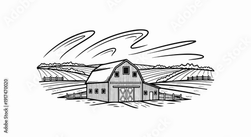 A vintage line art drawing of a barn surrounded by fenced fields and rolling hills
