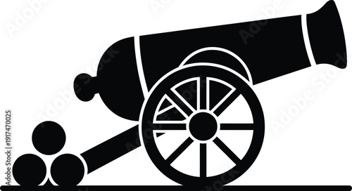 Black silhouette of an antique artillery cannon with cannonballs on a white background Vector
