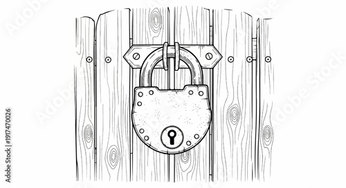 A vintage padlock secures a weathered wooden fence with prominent grain details