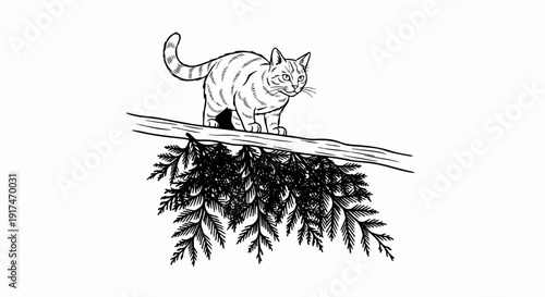 A striped cat stands on a branch with evergreen foliage below