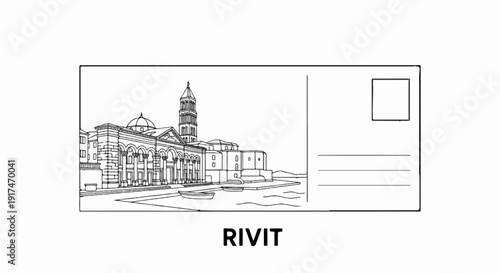 A vintage postcard design features a detailed line drawing of an ancient building and harbor scene