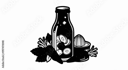 A stylized illustration of a bottle filled with kiwi slices, ice, and leaves