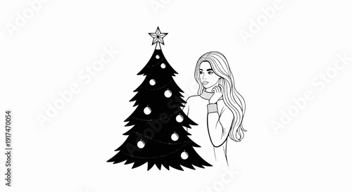 A stylish woman with long wavy hair touches her chin near a decorated Christmas tree