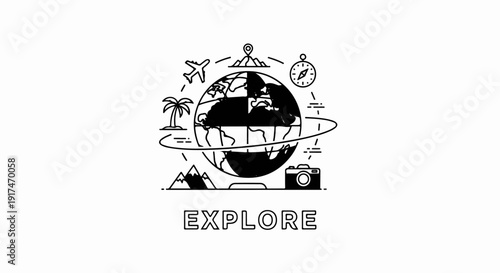 A stylized illustration depicts the globe with travel icons and the word "EXPLORE