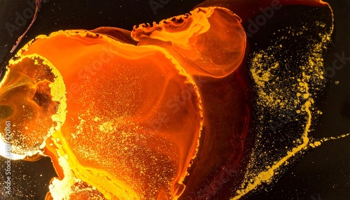Fiery orange ink fluid art with gold dust background