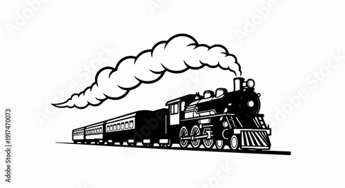 A vintage steam locomotive pulls passenger cars, emitting a trail of smoke