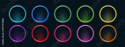 Neon call action glowing circle set in multiple colors including blue, green, yellow, red, pink, orange and purple. Bright luminous ring shapes for modern digital design.