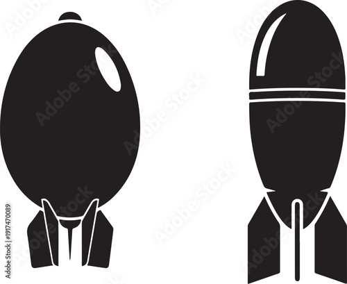 Two styles of atomic bombs, missile as symbol of weapon of mass destruction, military technology, isolated on transparent background