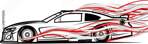 A stylized illustration of a racing car with red and gray streaks