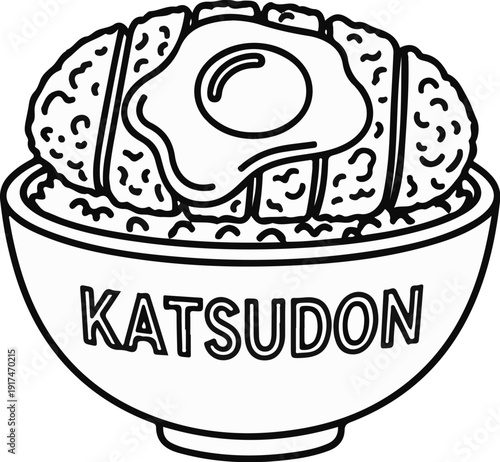 A stylized illustration of katsudon, a Japanese rice bowl dish with fried pork cutlet