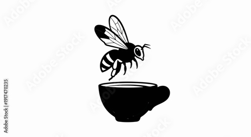 A stylized bee hovers above a dark coffee cup with a handle