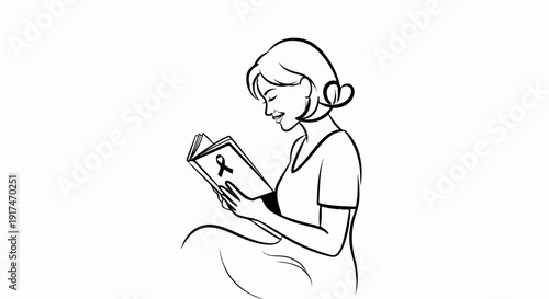 A woman happily reads a book with a ribbon symbol on its cover