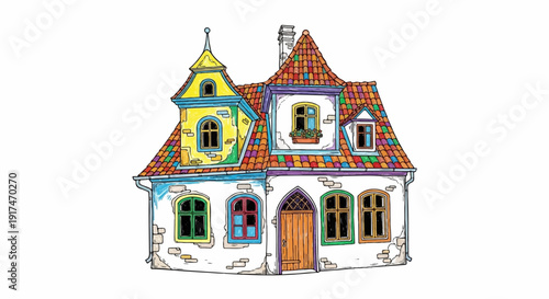 A whimsical, brightly colored house with a multi-hued tiled roof and varied window styles