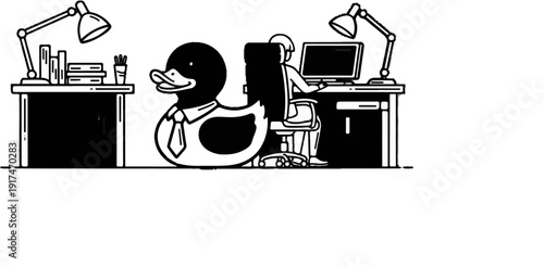 A whimsical duck in a tie sits at an office desk with a person working